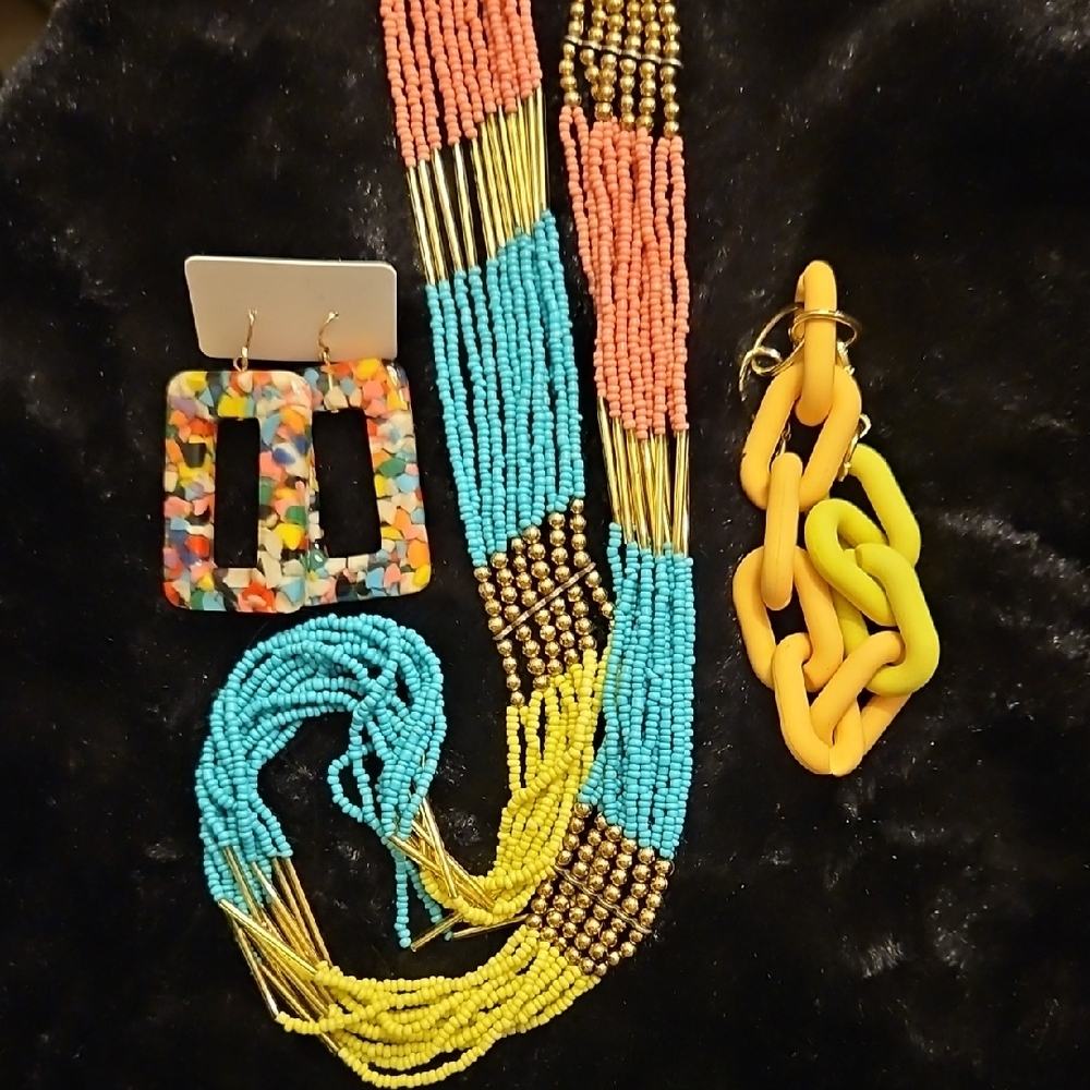 Colorful Beaded Multi-Strand 30+3" Necklace, Bacelet + Earrings Set
